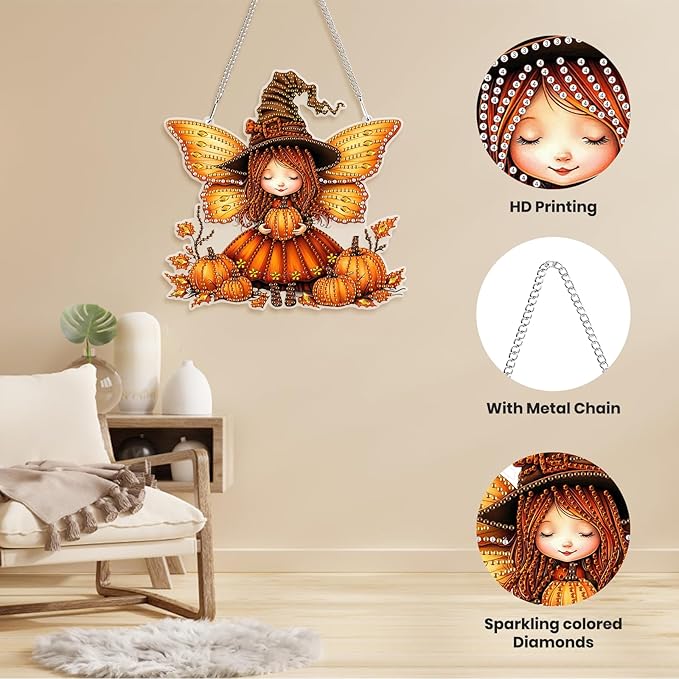 Genius maker Halloween Diamond Art Hanging Kits for Adults, Fall Pumpkins Fairy Special Shaped Diamond Painting Kit, Acrylic 5D Crystal Diamonds Gem Art Painting Hanging Ornament for Home Wall Decor