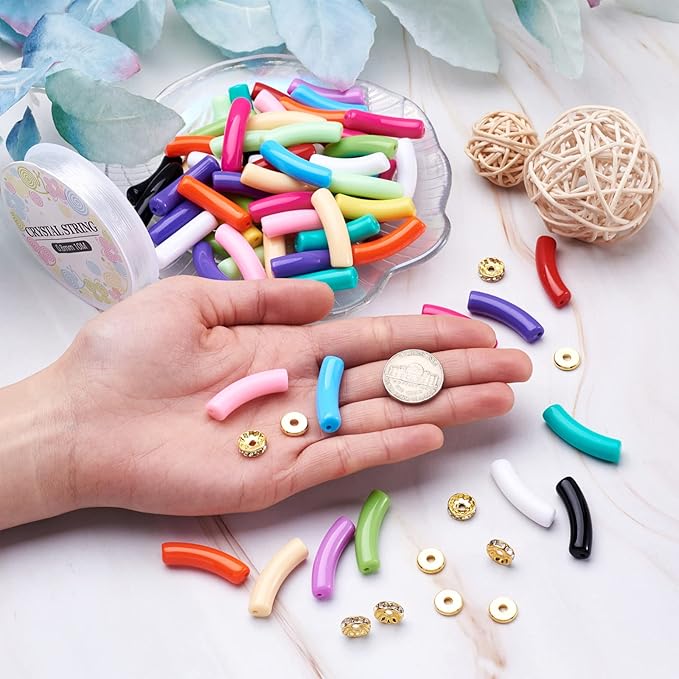 150Pcs Acrylic Chunky Tube Beads with Rondelle Brass Rhinestone Spacer Beads & Elastic Crystal Thread, 15 Colors Long Noodle Curved Tube Beads for Bamboo Bangles Bracelet Jewelry Making