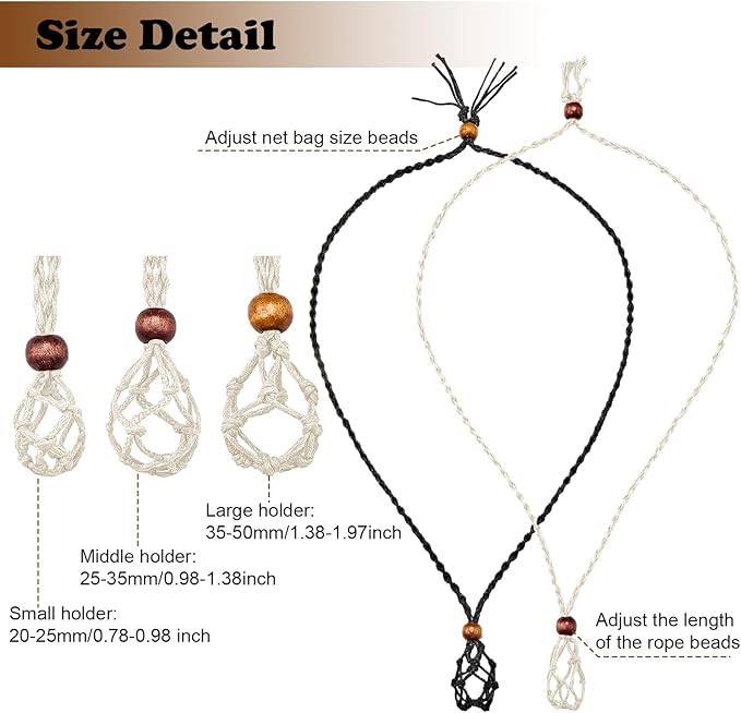 Hicarer 6 Pieces D20 Necklace Cord Empty Stone Holder Empty Necklace Holder Quartz Crystal Stone Cord, 3 Sizes Adjustable Cage Fish Netted for DIY Jewelry Making(Black,Beige)