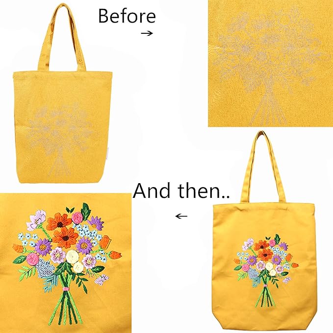 Canvas Tote Bag Embroidery Kit with Pattern for Beginners, Arts and DIY Embroidery Crafts Kits for Adults, Instructions, thimble, Embroidery Hoops, Color Threads (yellow, CR002 zhaolufanhua)