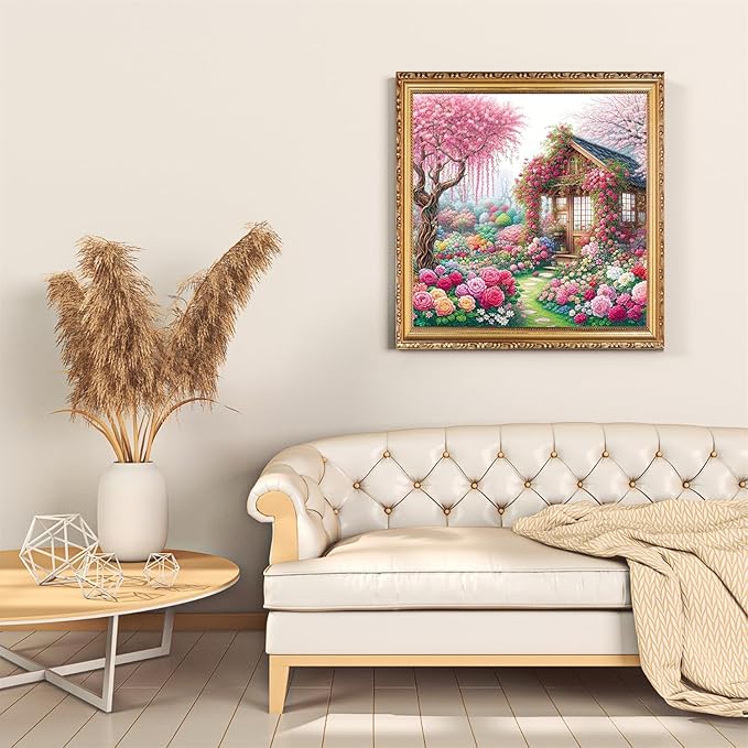 House Flower Diamond Art Kits for Adults, Pink Flower Diamond Painting for Beginners, 5D Diamond Dot, Dimond Art Paintings Kit, Gem Painting Kit, Crafts for Adults, Home Wall Decor Gifts (14x14inch)