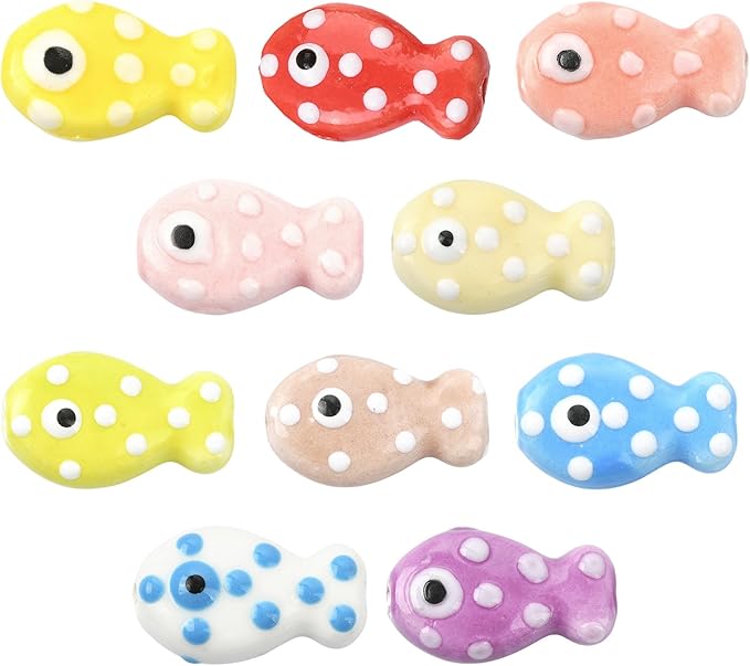 20Pcs Polka Dot Fish Ceramic Porcelain Beads for Jewelry Making 10 Colors Ocean Sea Beach Animal Spacer Beads for DIY Necklaces Earrings Bracelets Keychains Jewelry Findings Accessories
