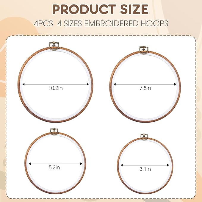 4 pcs round embroidery hoops set-decorative cross stitch hoop ring imitated wood display frame-circle hand embroidery kits for art craft sewing (4 different size)