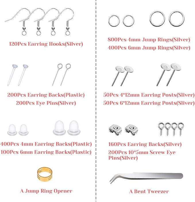 Thrilez 3080Pcs Earring Supplies Kit - Includes Hooks, Backs, Rings, Pins, Posts and Tools for Making and Repairing