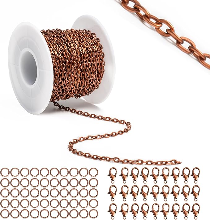 Lemonkey 33 Feet Metal Red Copper Necklace Chains Cable O-Shaped Links Chains Bulk for Jewelry Making DIY Craft Kit with Lobster Clasps Jump Rings