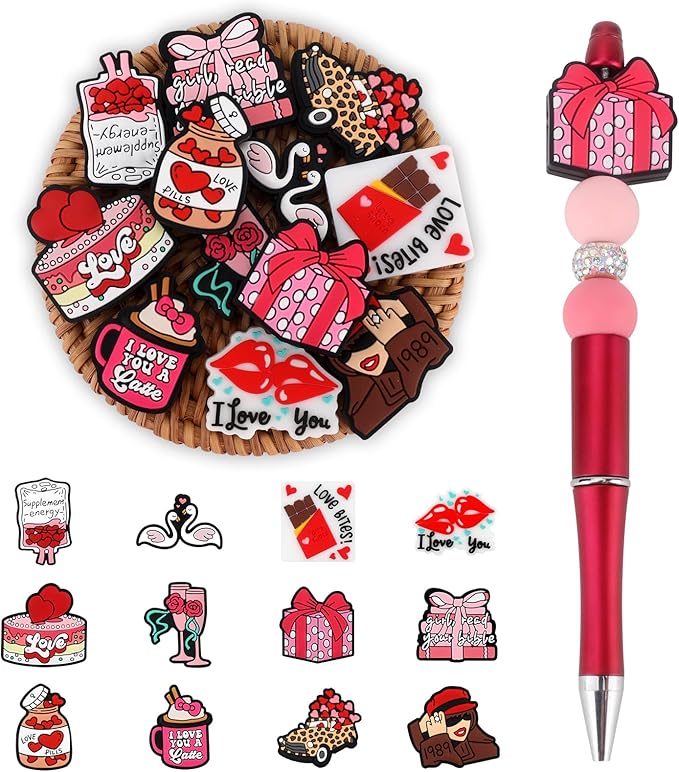 12PCS Valentine Silicone Beads for Pens, 12Pcs Silicone Focal Beads for Keychain Making DIY Handicraft（Valentine）