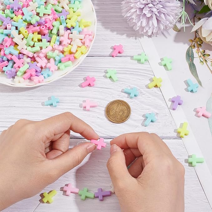 SUNNYCLUE 300Pcs Cross Beads Bulk Colorful Acrylic Mini Small Macaron Color Pocket Quilt Crosses Tiny Plastic Easter Crucifix Loose Spacer for Jewelry Making DIY Beading Supplies