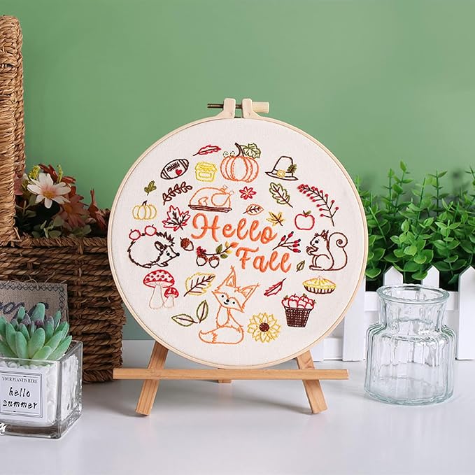 Louise Maelys Fall Embroidery Kits for Beginners,Cross Stitch kit for Adults,DIY Needlepoint for Starters,Including Cloth with Autumn Pattern,Hoop,Instruction and Threads