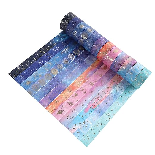 12 Rolls Galaxy Washi Tape Set, Gold Foil Decorative Masking Tape for Scrapbooking, Journal, Planner, DIY Crafts, Gift Wrapping