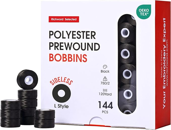 Poolin Prewound Bobbins, Richword Selected Black SideLess 144pcs Size L(SA155), 75D/2(60WT) Polyester Bobbin Thread for Commercial Multi Needles Embroidery Machine, 120 Yards
