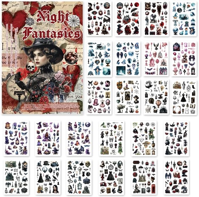 Washi Stickers for Scrapbook, 24 Sheets Goth Sticker Book for Journaling, Dark Aesthetic Pre-Cut Stickers Book for Junk Journal Supplies Collage DIY Crafts Phone Cases Adult