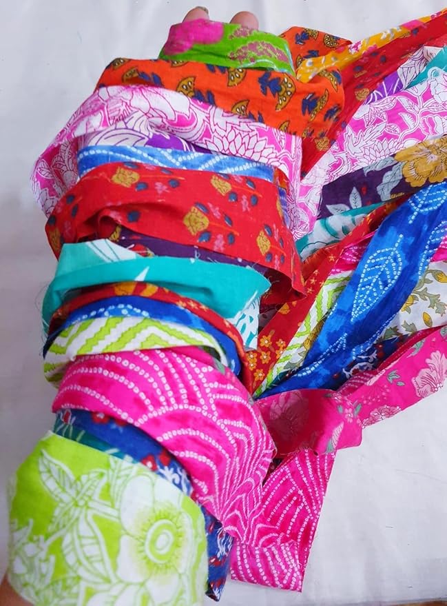 21 Yards Unstitched Recycled Sari Cotton Yarn Ribbon Tassels 21 Strips SKEINS Shades Recycled Journal Scrapbook Craft Project Decor DS360 (Pure Cotton, 21 Yard)