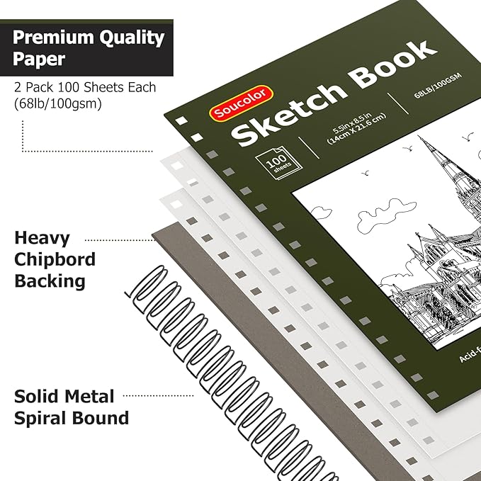 soucolor 5.5" x 8.5" sketchbook pack of 2, 200 sheets blank journal notebook, a5, spiral bound sketch pad drawing book acid-free paper (68lb/100gsm), painting sketching drawing notebook art supplies