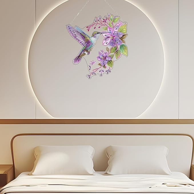 JJFox Diamond Art Hanging Kit for Adult,Special Shaped Rhinestone,Double Sided DIY Acrylic 5D Diamond Art Painting Window Pendants Home Garden Wall Hanging Kits Hanging Ornament (Hummingbird)