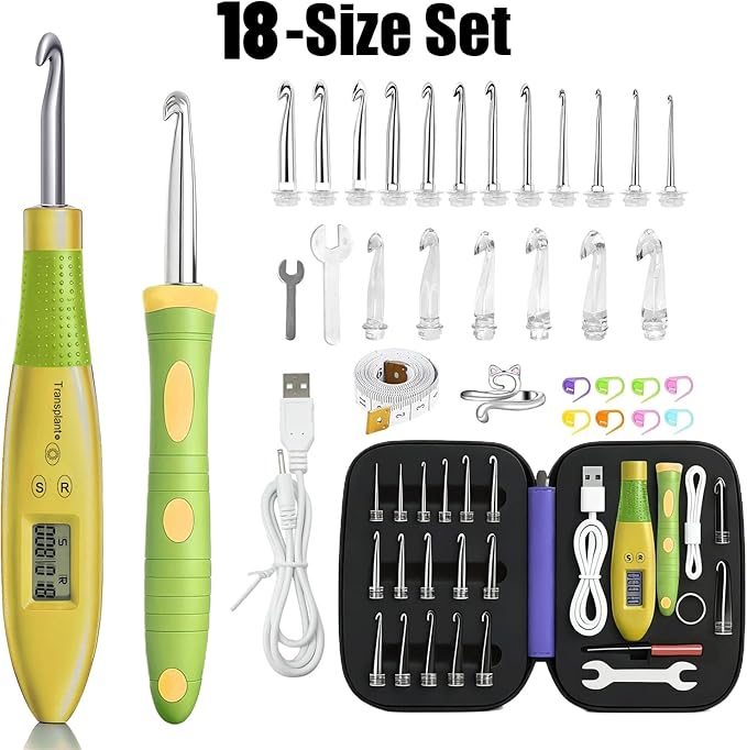 Light up Crochet Hook Set with Stitch Counter Crochet Kit with 18 Different Size Interchangeable Crochet Needle,Ergonomic with 2 Levels Led and Digital Stitch Counter for Crocheting and Knitting
