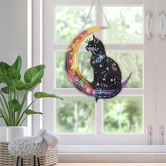 SKRYUIE Cat Hanging Diamond Art Kits for Adults Pendant Suncatcher, Special Shaped Crystal DIY Pearl Diamond Painting Kit, Gift for Mother Spring Summer Window Wreath Decor 7.49 x 5.91 Inch D4