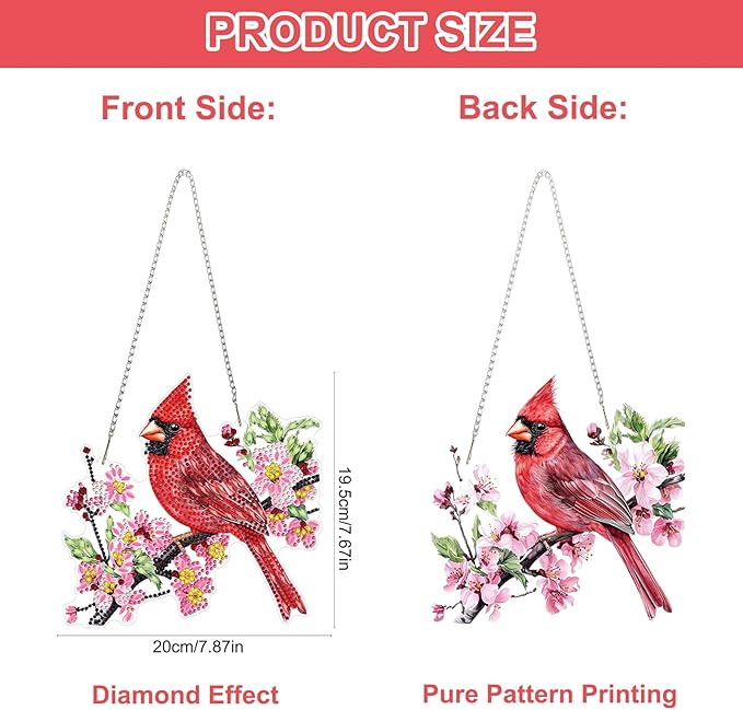 QENSPE Red Finches Diamond Art Hanging Kits for Adults, 5D Special Shape Diamond Paingting Ornaments with Chain, DIY Pink Flowers Crystal Window Pendants for Home Wall Decor Double Sided 8X8 inch