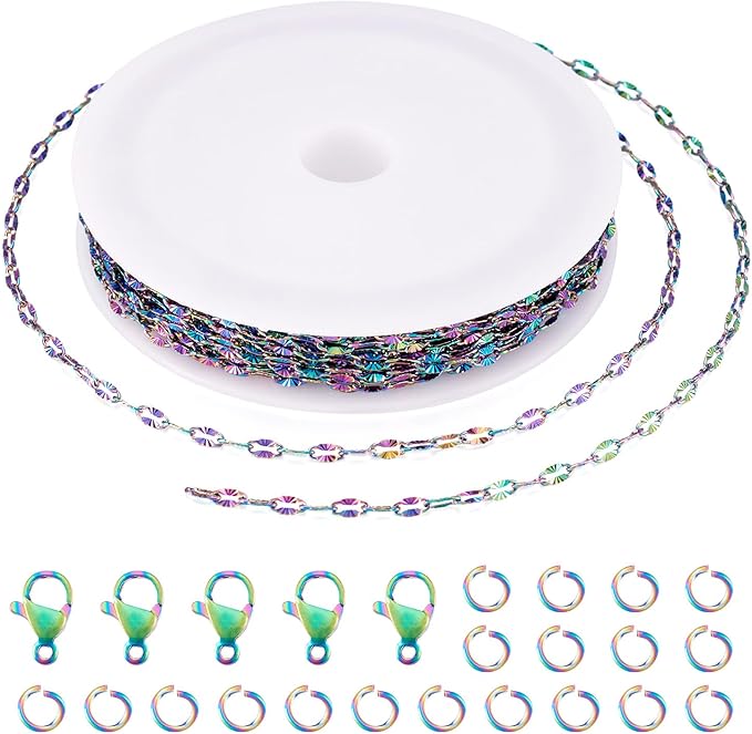Sparkeads 5M Dapped Chain for Jewelry Making,Stainless Steel Chain,Rainbow Color Link Necklaces for Women,Lobster Claw Clasps,Cable Chain for Bracelet DIY Craft Supplies Jewelry Making Kits,4x2x0.5mm