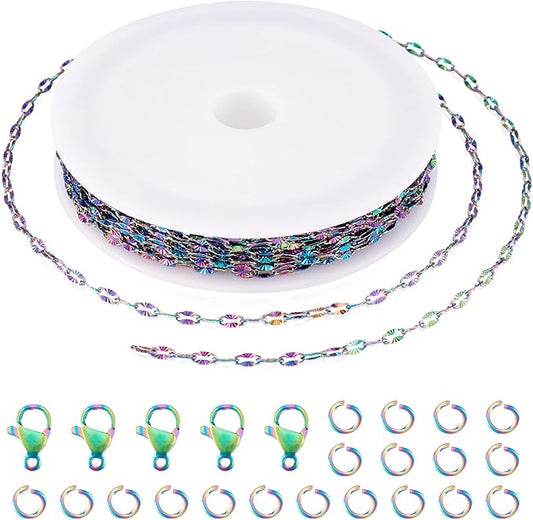 Sparkeads 5M Dapped Chain for Jewelry Making,Stainless Steel Chain,Rainbow Color Link Necklaces for Women,Lobster Claw Clasps,Cable Chain for Bracelet DIY Craft Supplies Jewelry Making Kits,4x2x0.5mm