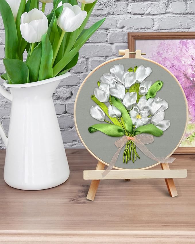 ERKOON Embroidery Kit for Beginners, Silk Ribbon Flower Cross Stitch Set for Include Embroidery Cloth Hoops Threads for Craft Lover Hand Stitch (True Confessions)