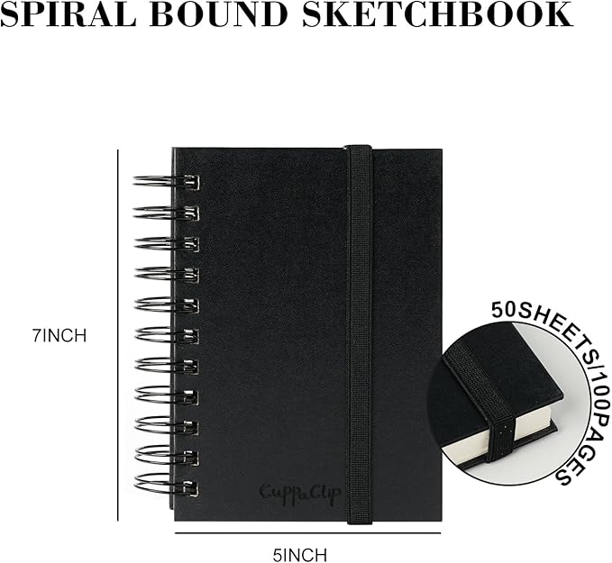CuppaClip Sketch Book Hardcover Drawing Pad 300GSM Acid-Free Paper Spiral Bound Sketchbook 50 Sheets/100 Pages Art Supplies (Spiral Binding, 4x5.9in)