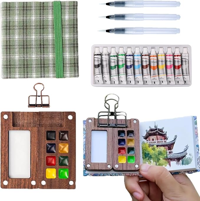 Aimery Mini Watercolor Paint Travel Set, Portable Small Miniature Pocket Water Color Painting Kit with Wooden Palette & Sketchbook(Green Stripe)