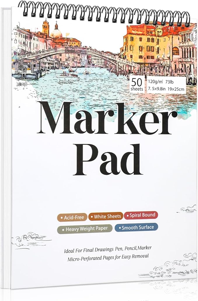 50 Sheets Marker Paper Pad, 7.5×9.8 Inch Bleedproof Art Sketch Pad, 73lb/120gsm Drawing Paper Spiral Sketch Book, Alcohol Marker Paper Painting Coloring Paper for Beginners, Artists, Gift