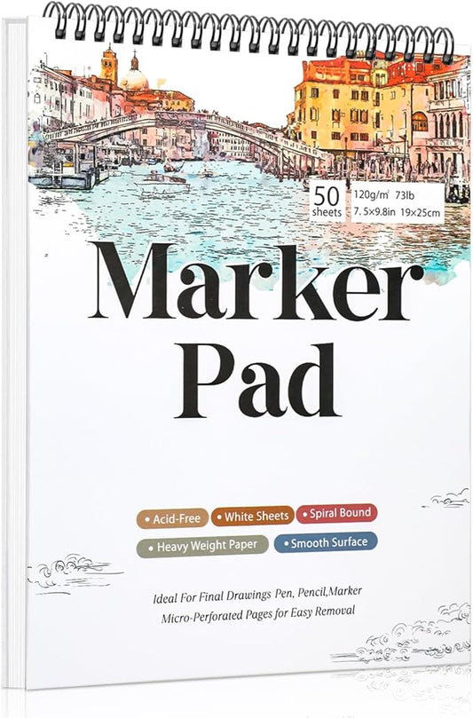 50 Sheets Marker Paper Pad, 7.5×9.8 Inch Bleedproof Art Sketch Pad, 73lb/120gsm Drawing Paper Spiral Sketch Book, Alcohol Marker Paper Painting Coloring Paper for Beginners, Artists, Gift
