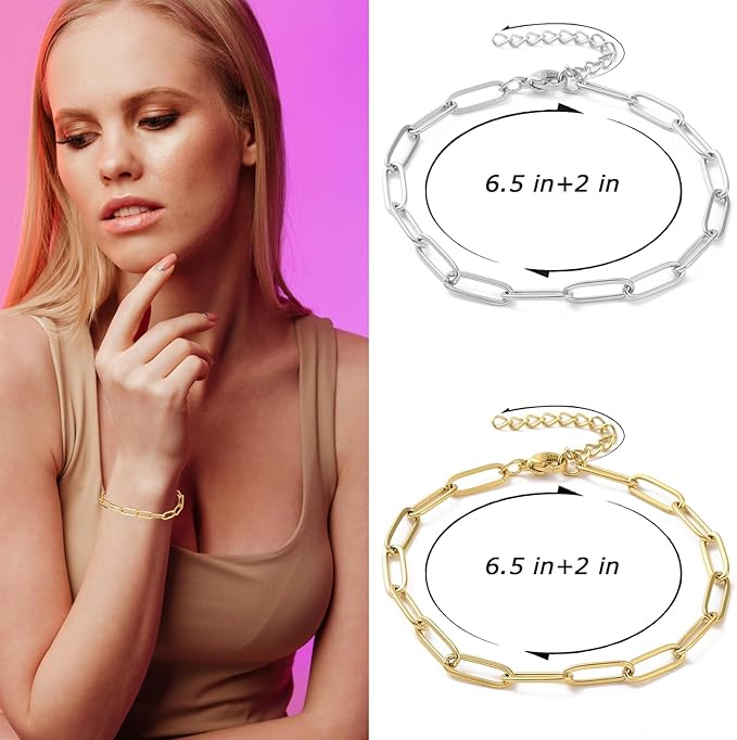 Exway 20 Pcs Paperclip Charm Bracelets Chain 6.5 Inch Stainless Steel Gold and Sliver Chain Bracelets Kit with Lobster Clasps for Crafts DIY Women Jewelry Making