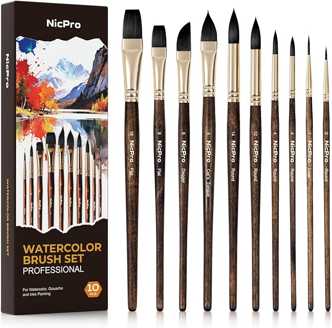 Nicpro Watercolor Brushes Professional, 10PCS Synthetic Squirrel Hair Watercolor Paint Brush Set for Artist & Beginners - Flat, Round, Dagger, Cats Tongue for Water Color, Gouache, Ink Painting