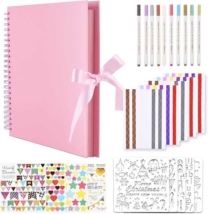 GOTIDEAL 12 x 12 Inch Scrapbook Album with 10 Metallic Markers,80 Pages Craft Paper Photo Album for Wedding and Anniversary, Family DIY Photo Album with Scrapbooking Stickers Corners(Pink)
