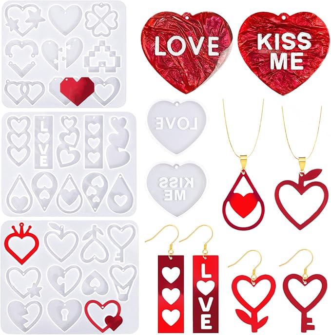 YODOYO Christmas Resin Earrings Mold 5PCS Love Theme Earring Keychain Making Kit UV Resin Molds Silicone DIY Heart Earring Jewelry Making Supplies for Earrings, Necklaces, Pendants, Keychains