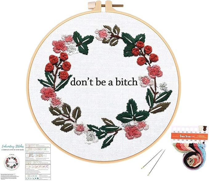 Louise Maelys Cross Stitch Kit Full Range DIY Floral Wreath with Funny Sayimg Embroidery Kit for Beginner
