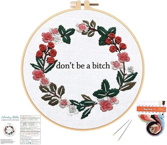 Louise Maelys Cross Stitch Kit Full Range DIY Floral Wreath with Funny Sayimg Embroidery Kit for Beginner