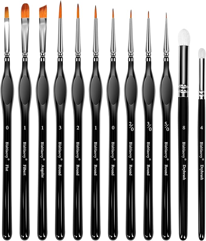 12pcs Miniature Paint Brushes Drybrush Set, Detail Paint Brushes for Acrylics, Watercolor, Figurines Model, Face Painting, Piant by Number Kit for Adults - Triangular Handles (Black)