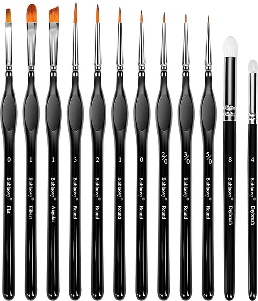 12pcs Miniature Paint Brushes Drybrush Set, Detail Paint Brushes for Acrylics, Watercolor, Figurines Model, Face Painting, Piant by Number Kit for Adults - Triangular Handles (Black)