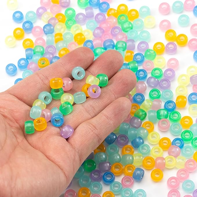 Gxueshan 1000 Pcs Acrylic 9 Color Pony Beads 6x9mm Bulk Glow in The Dark for Necklace, Friendship Bracelet Making, Hair Braids Kandi