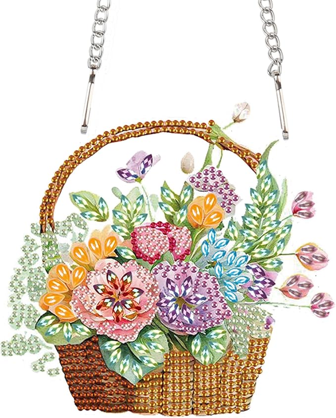 Flowers Basket Diamond Art Hanging, 5D DIY Diamond Painting Ornament, Creative Handmade Acrylic Pendant, Mosaic Making Kit by Number, Home Decoration, Valentine’s Day Gift