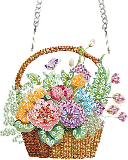 Flowers Basket Diamond Art Hanging, 5D DIY Diamond Painting Ornament, Creative Handmade Acrylic Pendant, Mosaic Making Kit by Number, Home Decoration, Valentine’s Day Gift