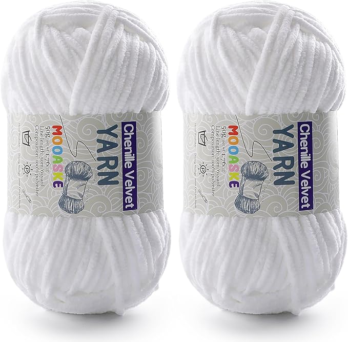 2 Pac Chenille Yarn for Crocheting - Soft Blanket Yarn, 50g/1.76oz, 60m/65yard (White)