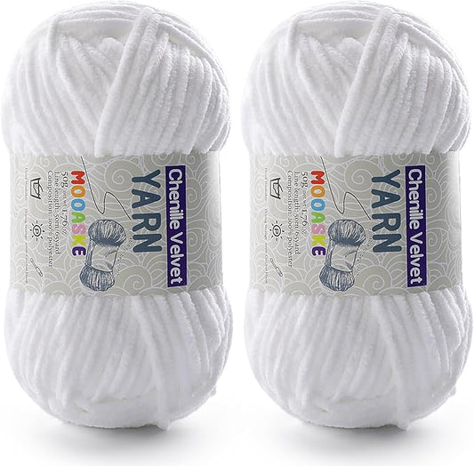 2 Pac Chenille Yarn for Crocheting - Soft Blanket Yarn, 50g/1.76oz, 60m/65yard (White)