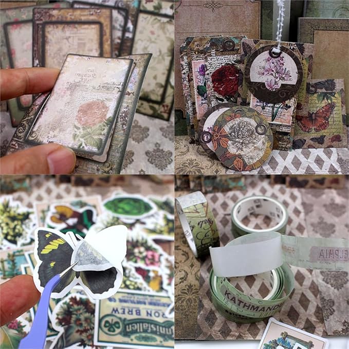 Diuhofart Vintage Scrapbooking Supplies Kit, 185pcs Junk Journal Kit with Scrapbook Paper Sticker Aesthetic Notebook Scrapbook Kit, Art Craft DIY Gift for Adult Women