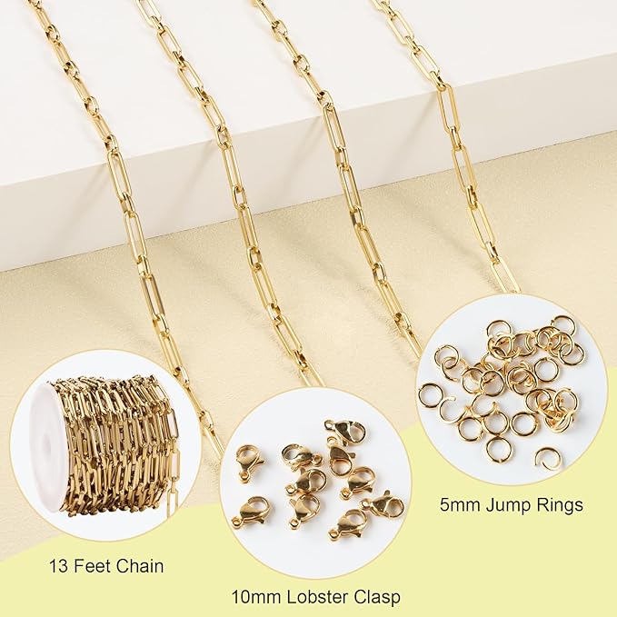 SMYHTGLIF 4 Meters Paperclip Chain Bulk for Jewelry Making Gold Stainless Steel Chain Roll Handmade Jewelry Making Supplies