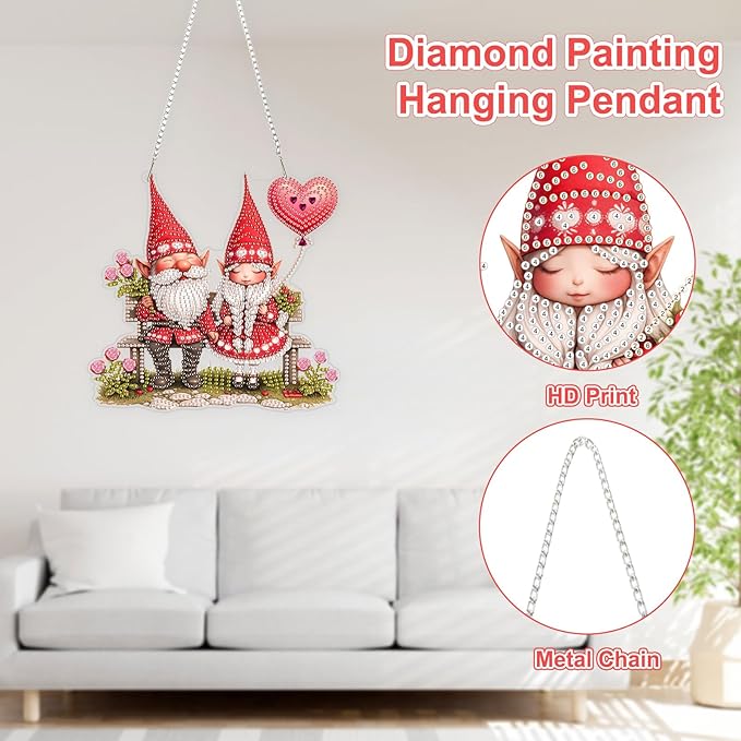 TOSTOG Diamond Art Hanging Kits for Adults, Gnome Couple Diamond Painting for Adults Window Pendant, Valentines Special Shape Diamonds Diamond Painting Hanging Pendant Kit for Home Decor Gift