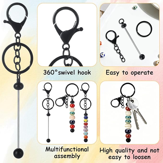 STARVAST 30PCS Beadable Keychain Bars for Beads, Stainless Steel DIY Keychain Blanks Kit, Metal Keychain Making Supplies for Jewelry, Charms & Custom Projects (Black)