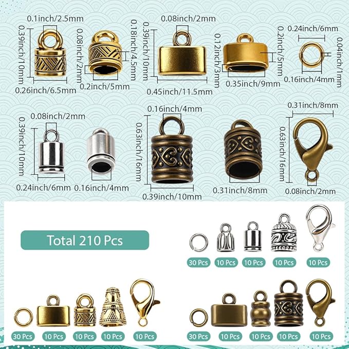 SUNNYCLUE 1 Box 210pcs 45 Sets Cord Ends Caps Kumihimo Bracelet Ends Alloy Antique Gold Silver Bronze Tassel End Tip Caps with Lobster Clasp Ring Link for Jewelry Making Kit Necklaces Bracelet DIY