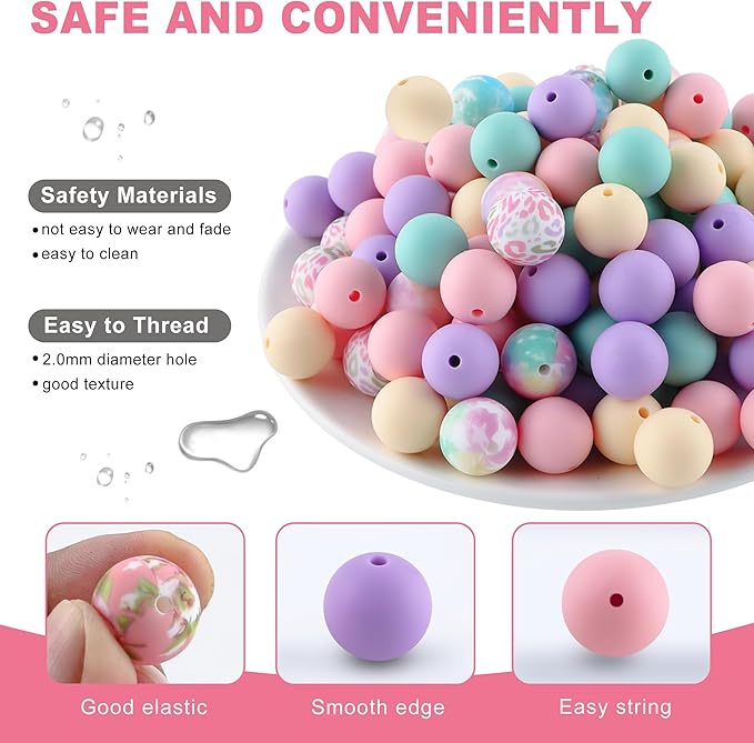 150Pcs Mixed Color 15mm Silicone Beads for Keychain Making, Mixed Color Print Print Silicone Beads for Pens and Bracelet Jewelry Making