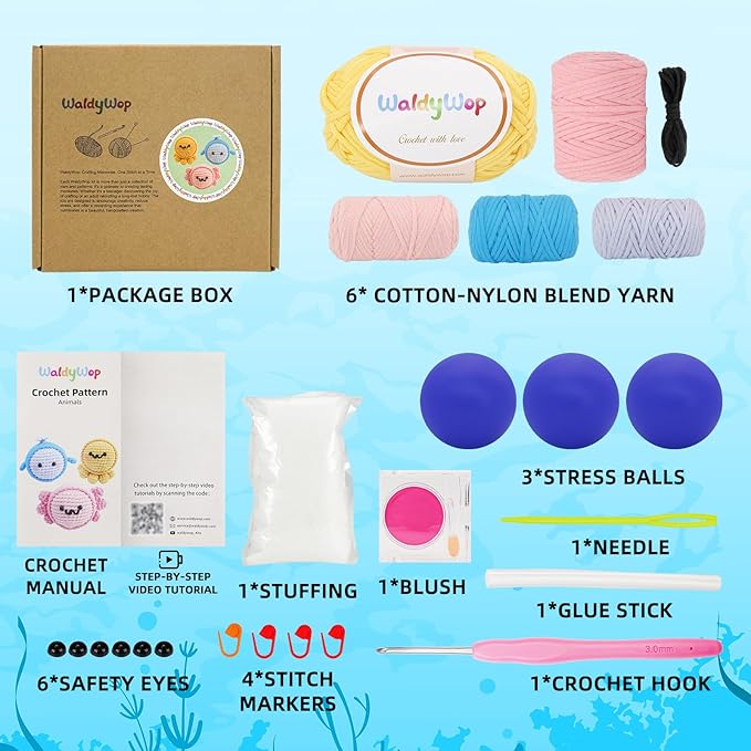 WaldyWop Crochet Kit for Beginners: 3PCS Crochet Animal Kit w/Stress Balls, Step-by-Step Video Tutorials - Wobbles DIY Craft Knitting Kit for Adults - Gifts for Teen Women (Dolphin, Octopus, Axolotl)