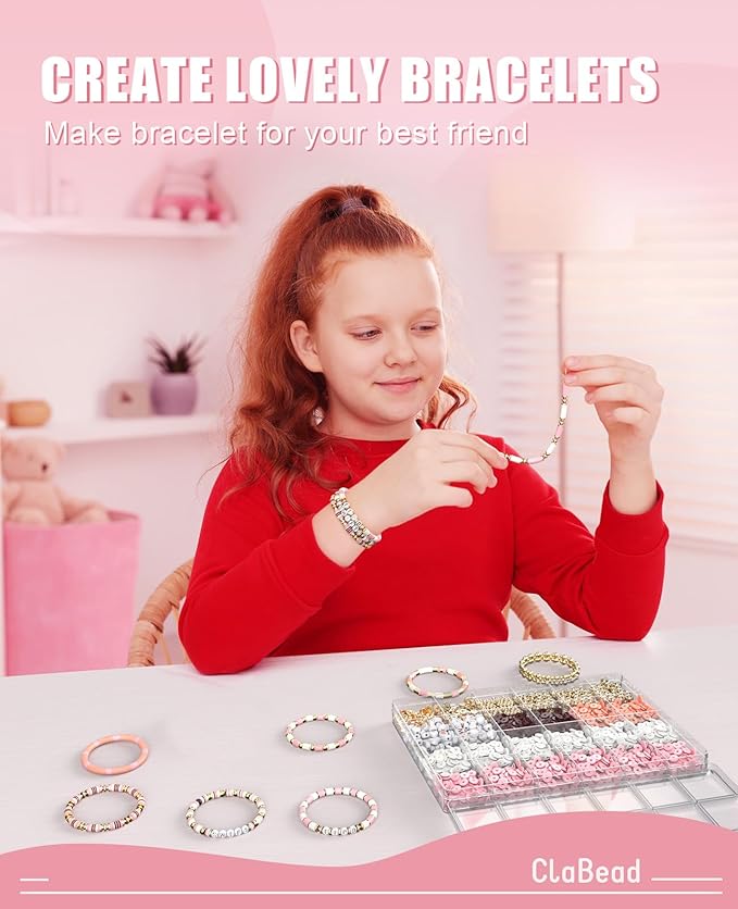 ClaBead Bracelet Making Kit - 3200Pcs Clay Beads With Gold and Letter Beads for Friendship Bracelets (Cute Pink)