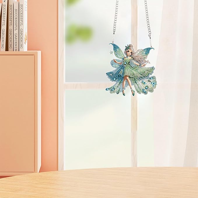 AiYuanzsh Green Butterfly Fairy Diamond Art Painting Hanging Pendant Kit Special Shaped Diamond Dots Art Acrylic Ornaments Diamond Art Painting Pendant for Adult Home Wall Window Decor Gift